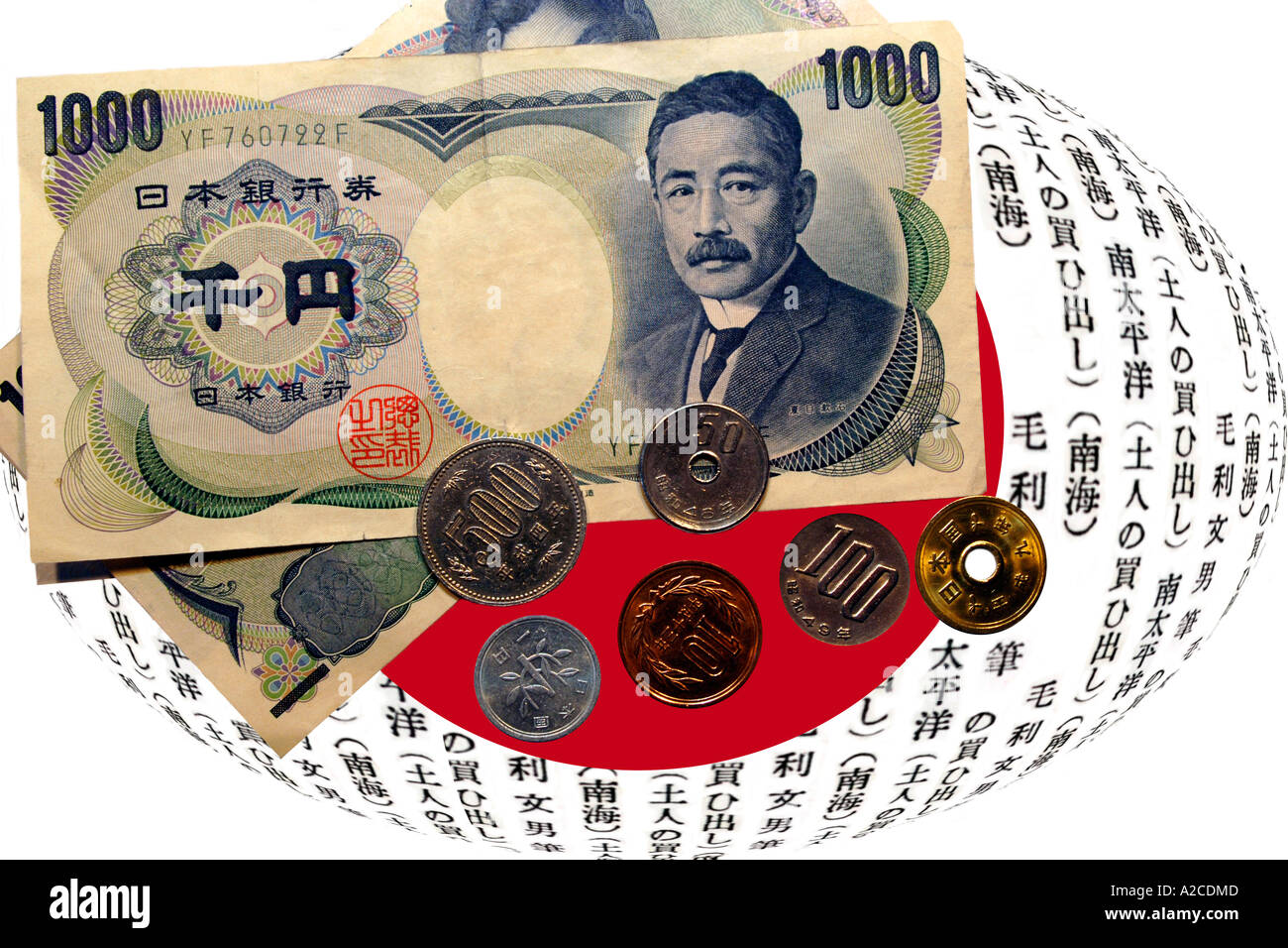 Ein Konzept Bild der japanischen 1000 Yen-Banknoten und-Münzen schriftliche im Hintergrund. Stockfoto