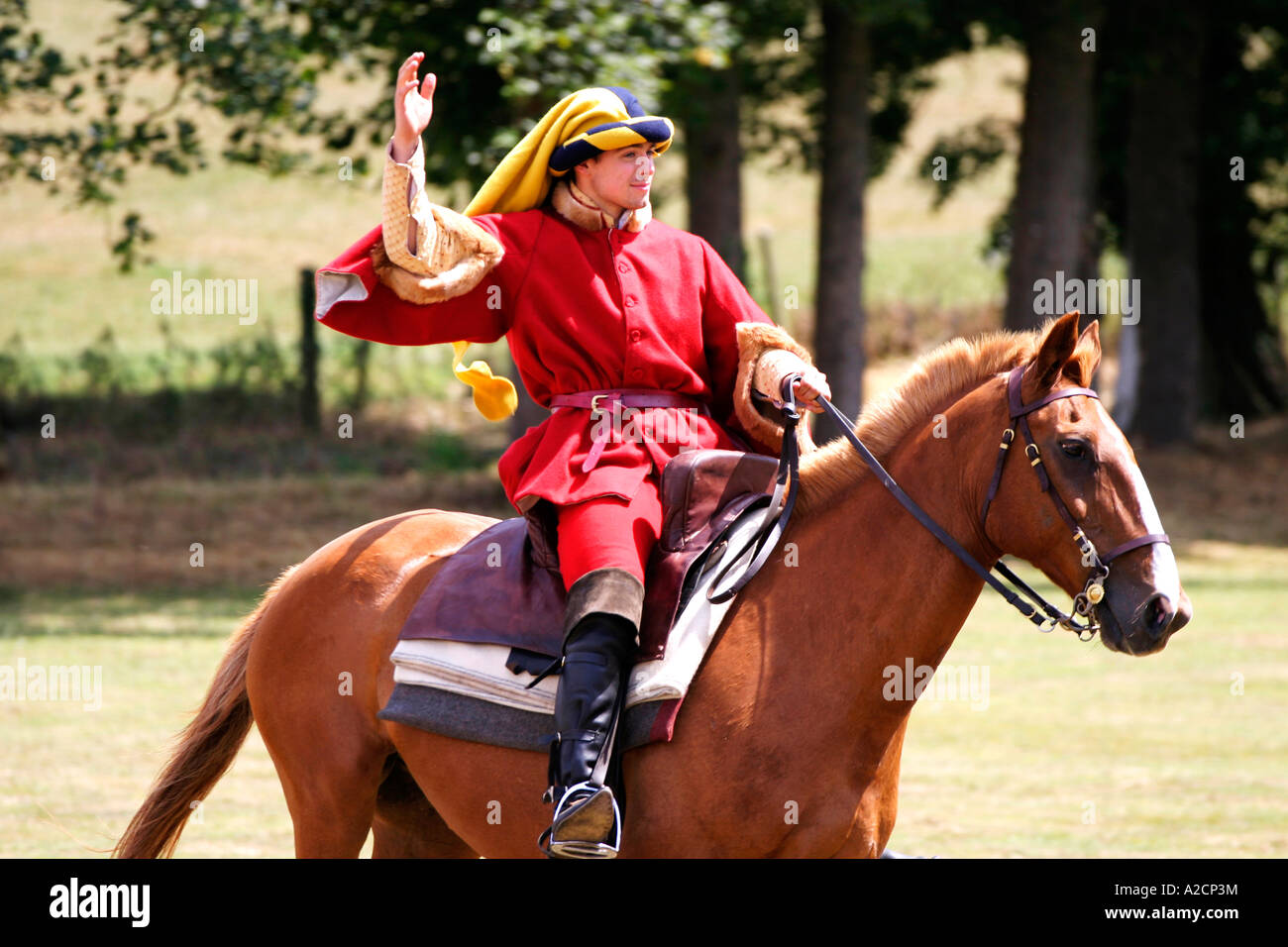 Ritter auf Pferd, Ritterturnier, Kirby Hall, Northamptonshire Stockfoto