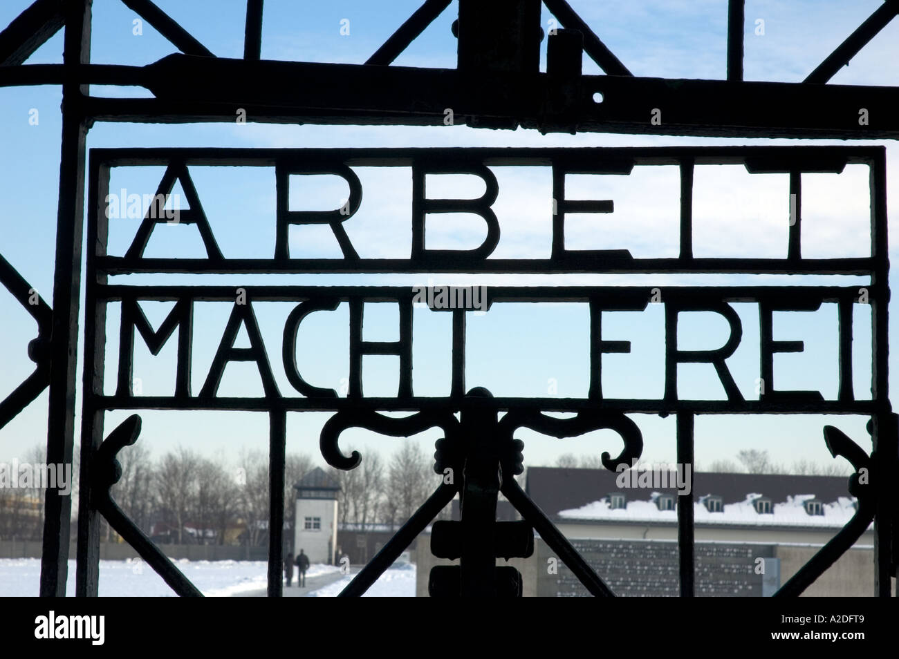 KZ Dachau. Haupttor: Arbeit Macht Frei. (Arbeit macht frei) Stockfoto