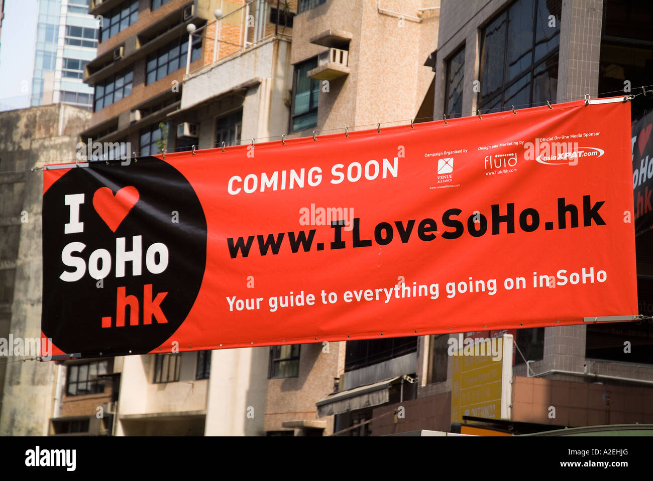 dh Mitte Ebenen CENTRAL HONG KONG ich liebe SoHo-Banner-Werbung-Web-site Stockfoto