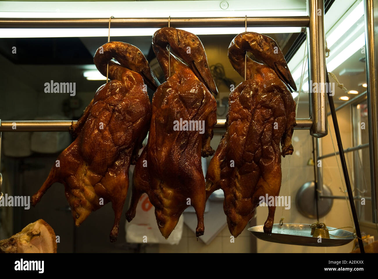 dh Chinese Fastfood Stall Fleisch NORTH POINT HONG KONG gekocht Gänsehaut im Essen zeigt kantonesische Fleischküche Stockfoto