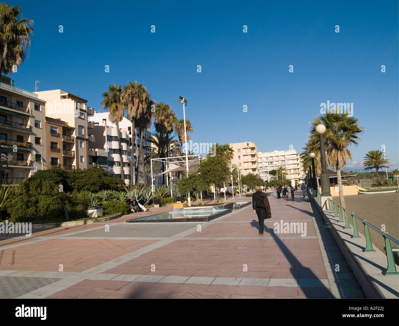 Palmengesäumten Promenade am Estepona Andalusien Spanien im Winter Nachmittags Sonne Stockfoto