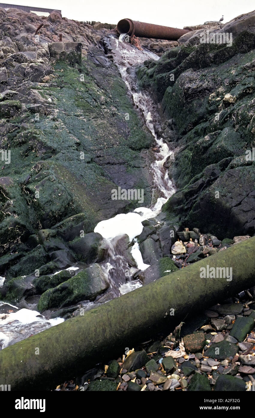 Ausweisung von Abwasser auf Strand Mallaig Scotland UK Rohr gebrochen Stockfoto