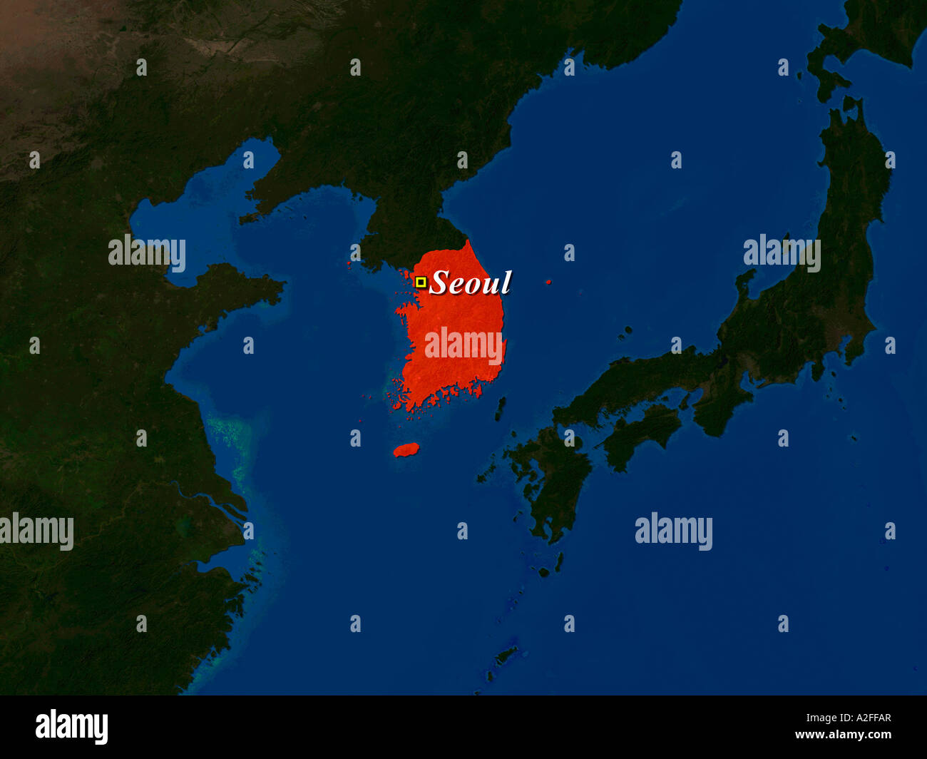 Hervorgehobene Satellitenbild von Südkorea mit Hauptstadt Seoul gezeigt Stockfoto