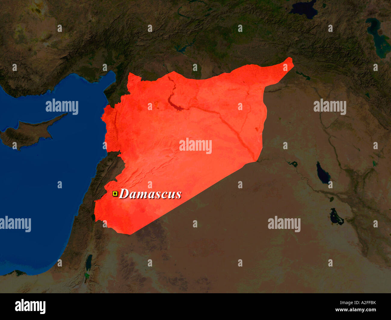 Hervorgehobene Satellitenbild von Syrien mit Hauptstadt Damaskus gezeigt Stockfoto
