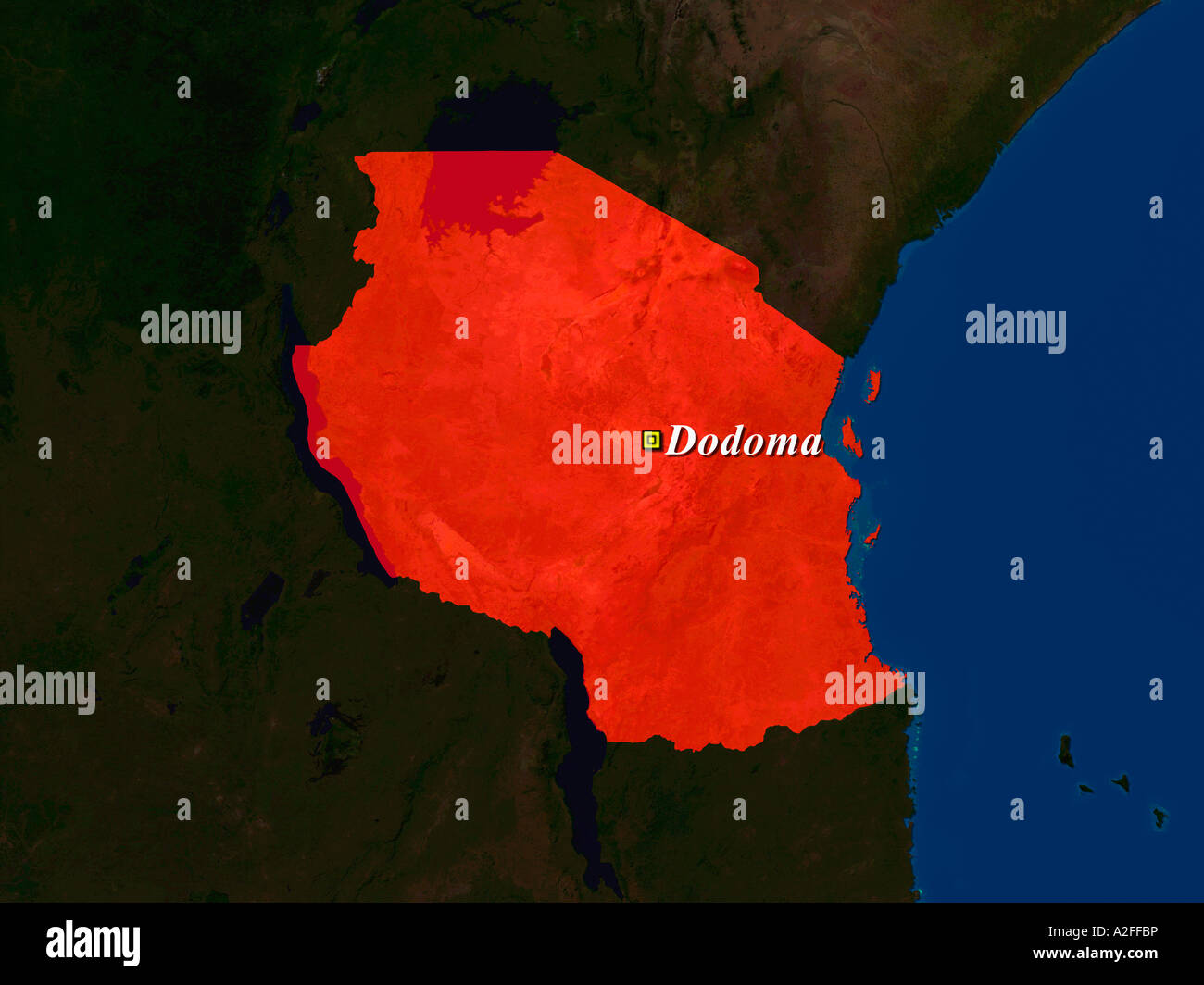 Hervorgehobene Satellitenbild von Tansania mit Hauptstadt Dodoma gezeigt Stockfoto