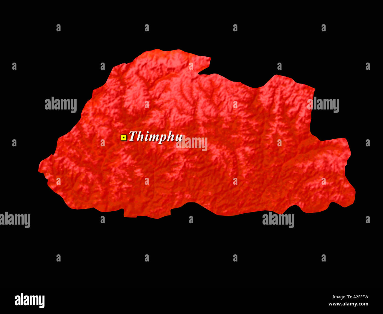 Hervorgehobene Satellitenbild von Bhutan mit der Hauptstadt Thimphu gezeigt Stockfoto