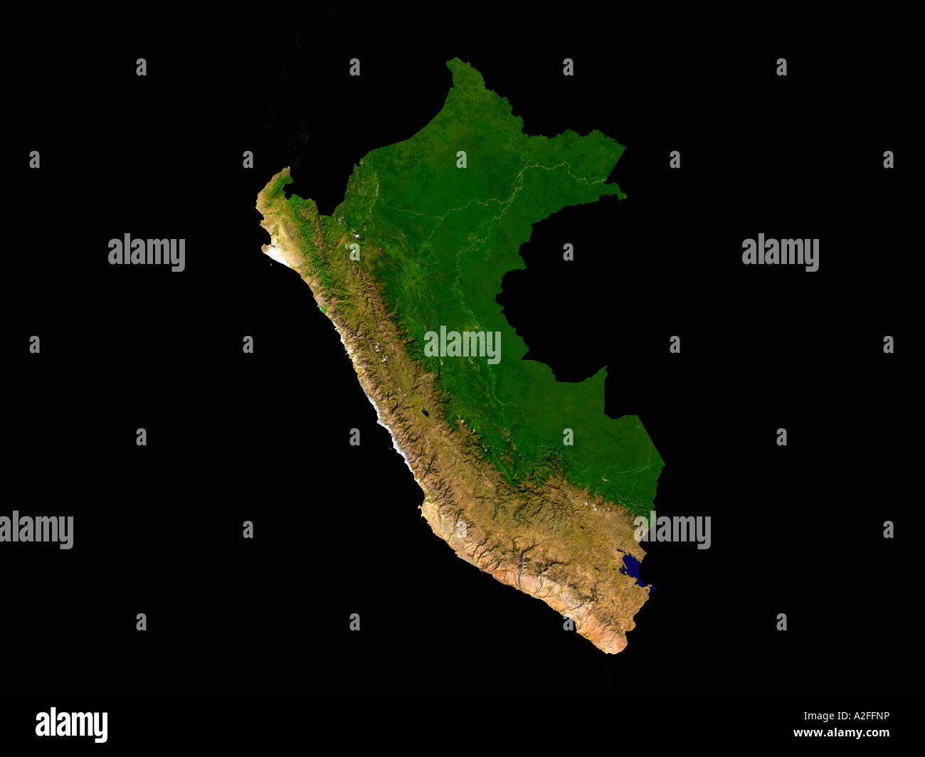 Hervorgehobene Satellitenbild von Peru ohne umliegenden Ländern gezeigt Stockfoto