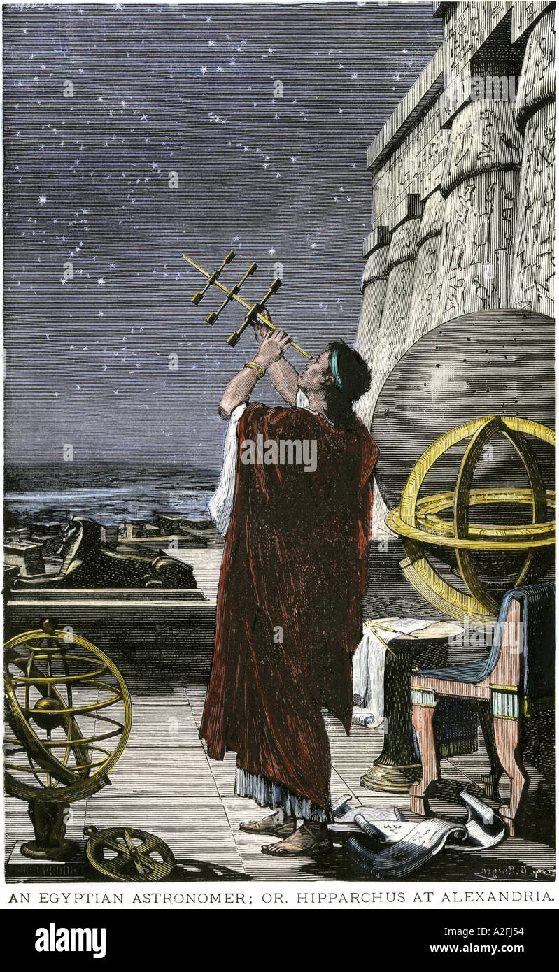 Griechische Astronom Hipparchus Mapping die Sterne über Alexandria im alten Ägypten. Hand - farbige Holzschnitt Stockfoto