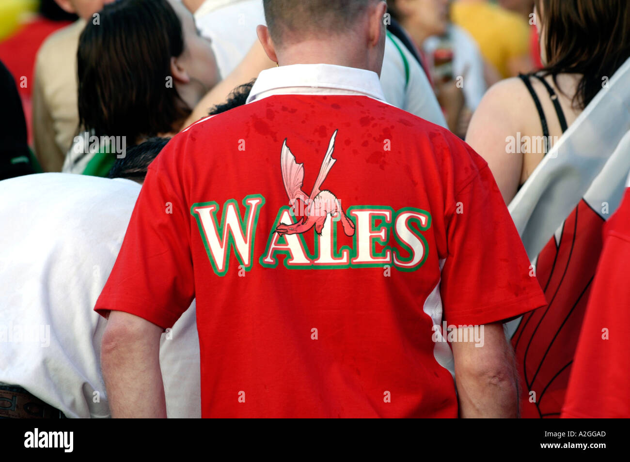 Walisischer Rugby-Fans außerhalb in Cardiff feiert einen Six Nations Championship Grand-Slam-Match-Sieg gegen Irland Stockfoto