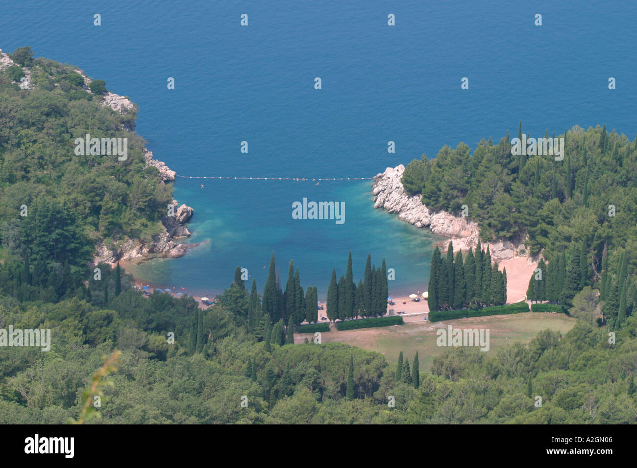 Queens Strand Przno in der Nähe von Sveti Stefan Hotels Montenegro Luftbild Stockfoto