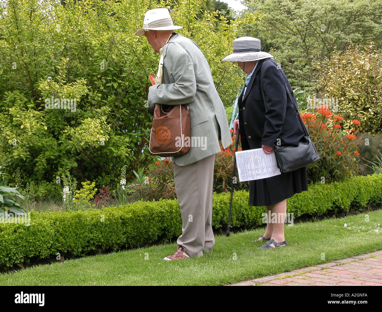 älteres Ehepaar zusammen zu Fuß durch Sussex Garten mit Blick auf Pflanzen Stockfoto