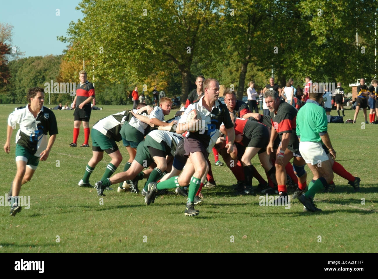 Schiedsrichter amtieren nach team Spiel amateur Rugby-spiel Spieler in einem Scrum eine bricht mit Kugel auf lokaler Sport park Brentwood Essex England Großbritannien Stockfoto