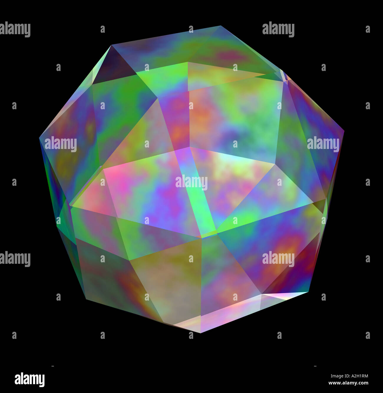 Drei dimensionale Computer generierte Irisierende Glas Rhombendodekaeders einen Volumenkörper mit 26 Gesichter 48 Kanten und 24 Ecken Stockfoto