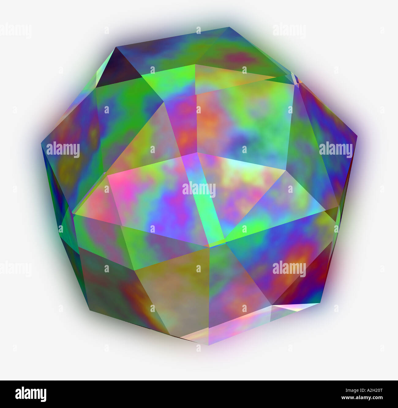 Drei dimensionale Computer generierte Irisierende Glas Rhombendodekaeders einen Volumenkörper mit 26 Gesichter 48 Kanten und 24 Ecken Stockfoto