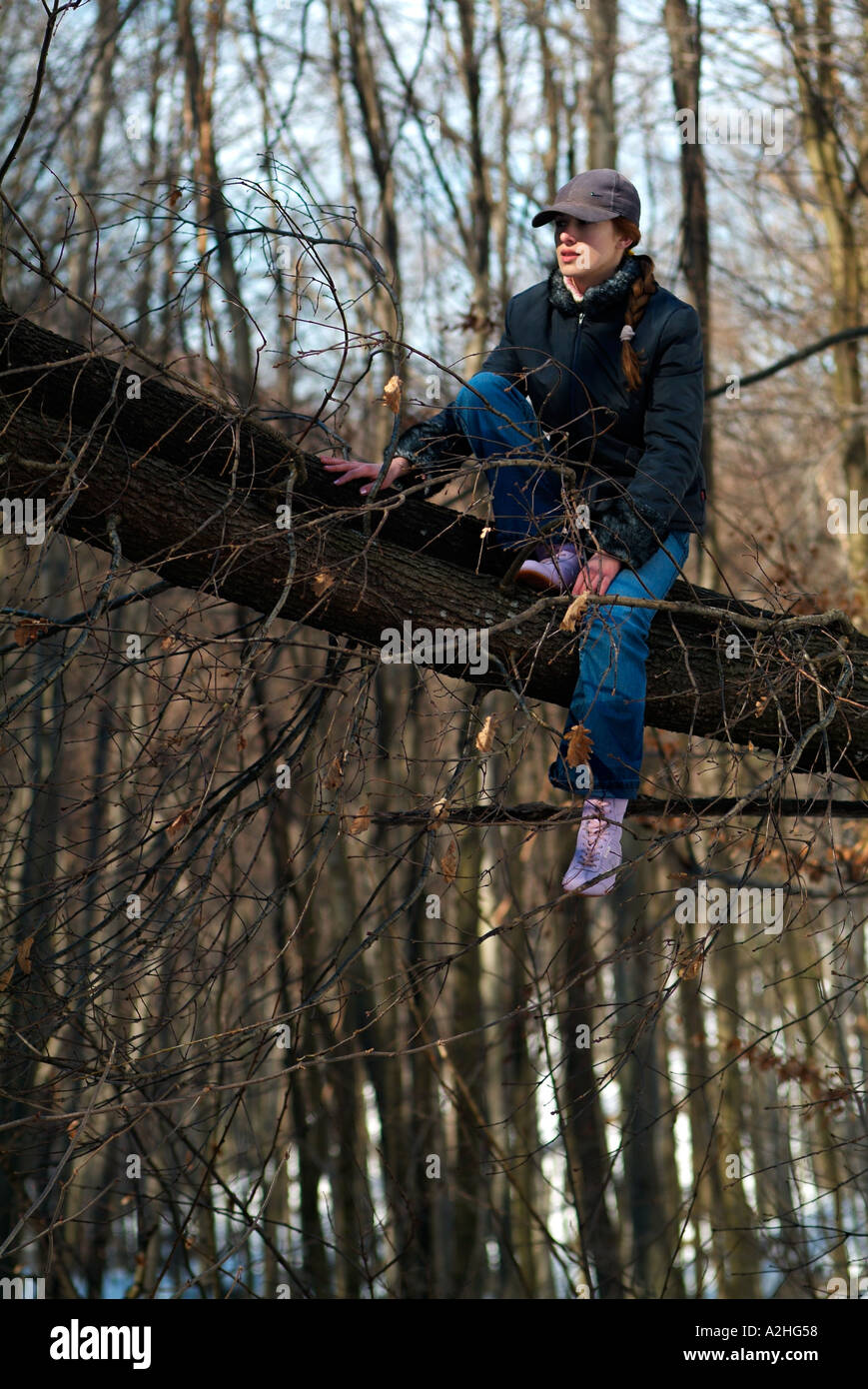 Junge Frau saß in einem Baum Stockfoto