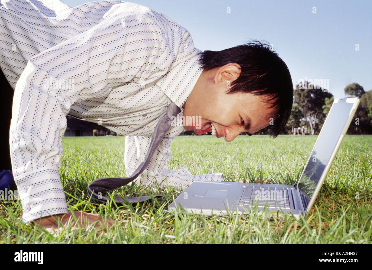 Einem jungen asiatischen Mann in Hemd und Krawatte schrie ein Laptop Pendler auf dem Rasen draußen im park Stockfoto
