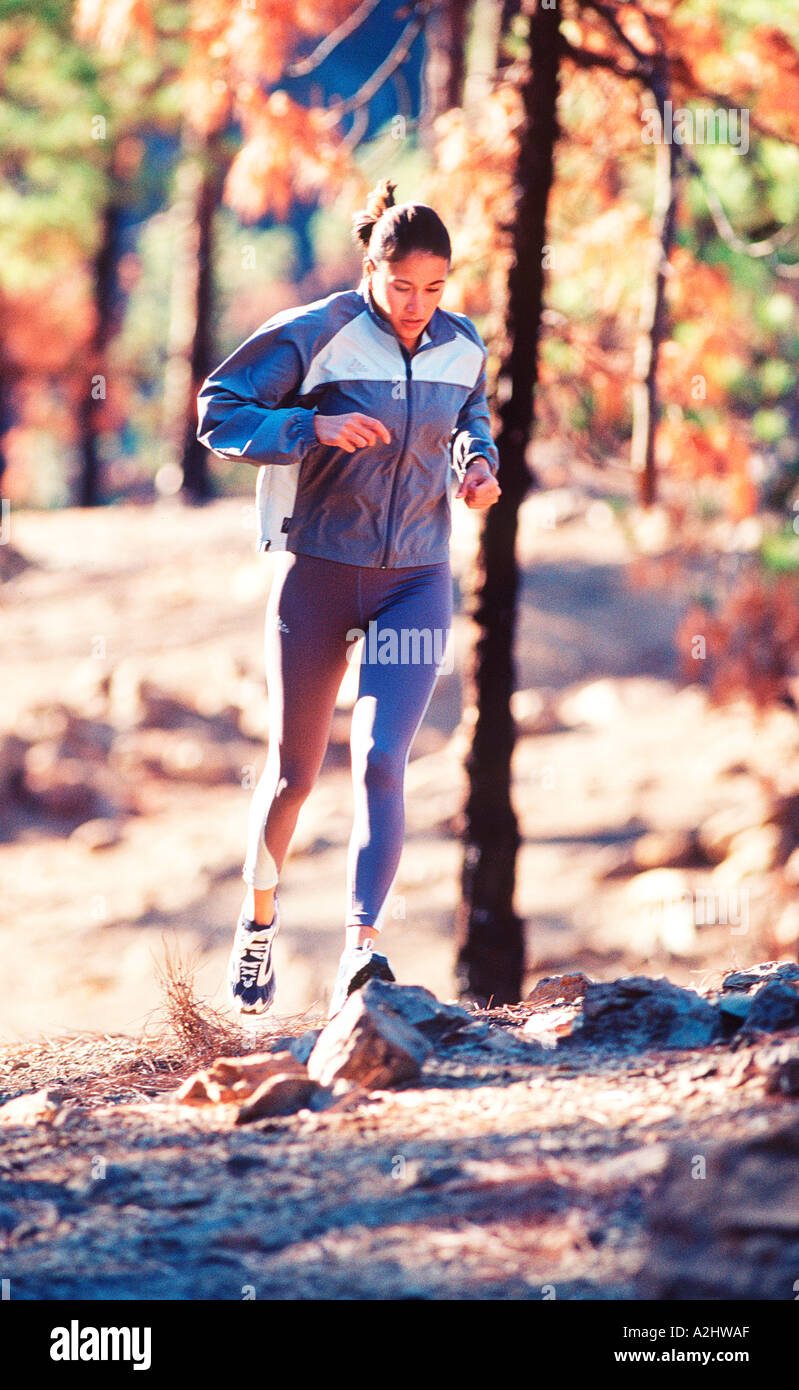 Frau Alter 20-25, gemischte Rennen läuft durch Wald. Stockfoto