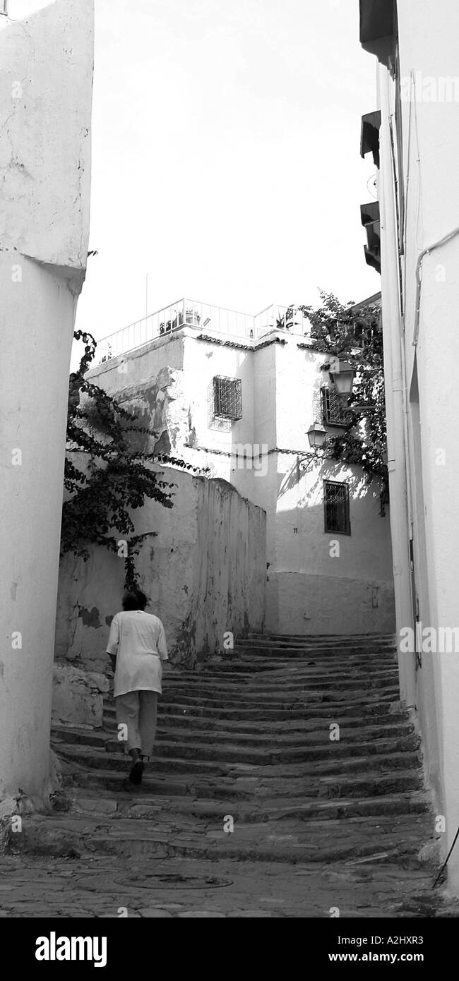 Schwarz / weiß-Bild der Frau zu Fuß hinauf Treppe weiße Hochhäuser, Sidi Bou Said, Tunesien Stockfoto