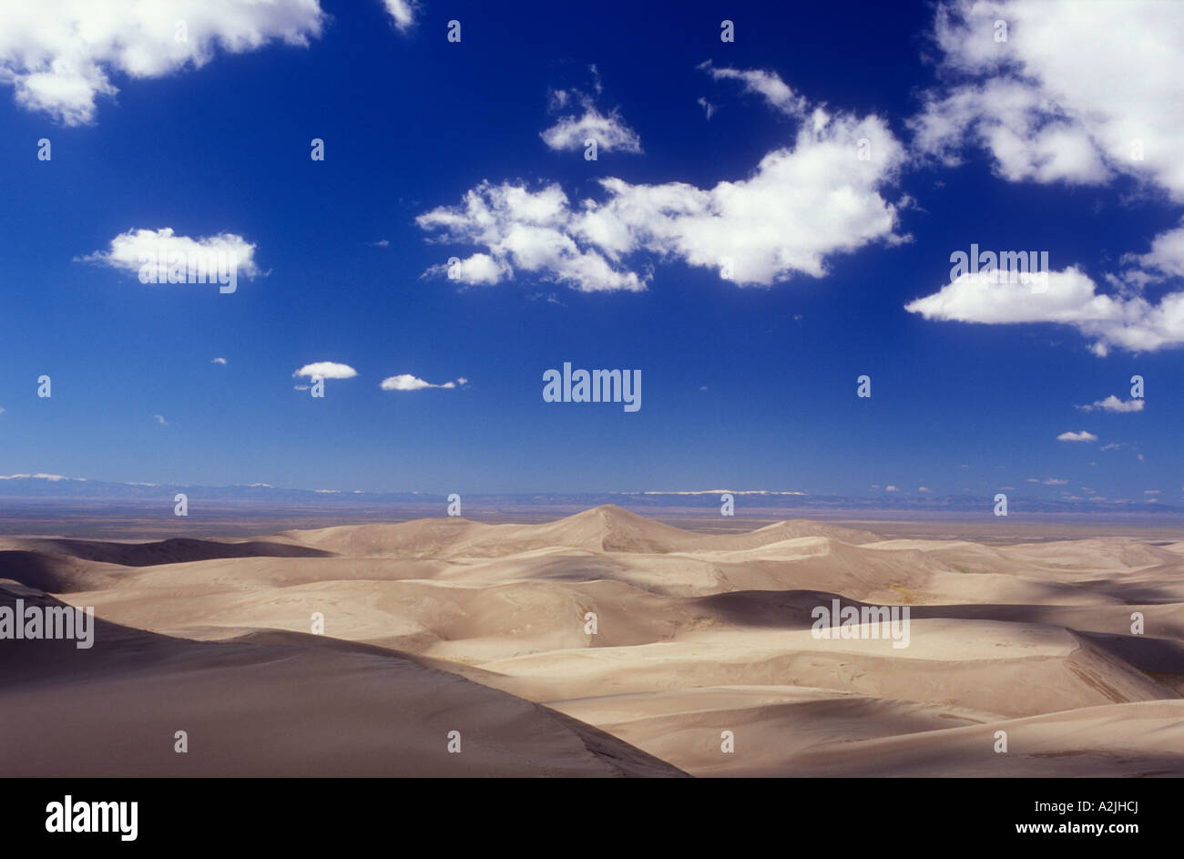 USA Colorado Great Sand Dunes National Park Sanddünen mit blauem Himmel und weißen Wolken Stockfoto