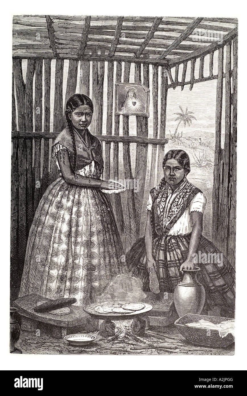 heimischen Landfrauen Koch Kochen, Mahlzeit so offenen Feuer Mais vorbereiten Pfannkuchen Wasser Kanne Flasche Flasche Kleid Rock Shack indoor Stockfoto