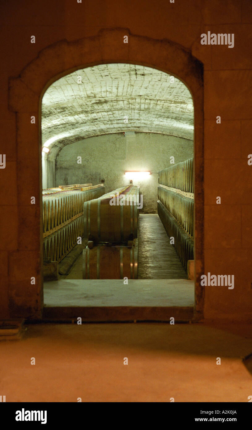 Ein Blick durch eine Tür Tresor von der Fassreifung sellar mit Reihen von Wein Fässer Château Mont-Redon, Châteauneuf-du-Pape Châteauneuf, Vaucluse, Provence, Frankreich, Europa Stockfoto