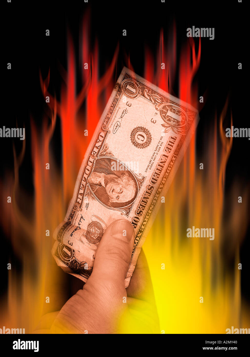 Geld Abfall verschwenden zerstören ein schlechtes Geschäft viel Verlust Gewinn Flamme Feuer brennen Dollar Pfund Anlagewährung brennende Hitze Flash-em Stockfoto