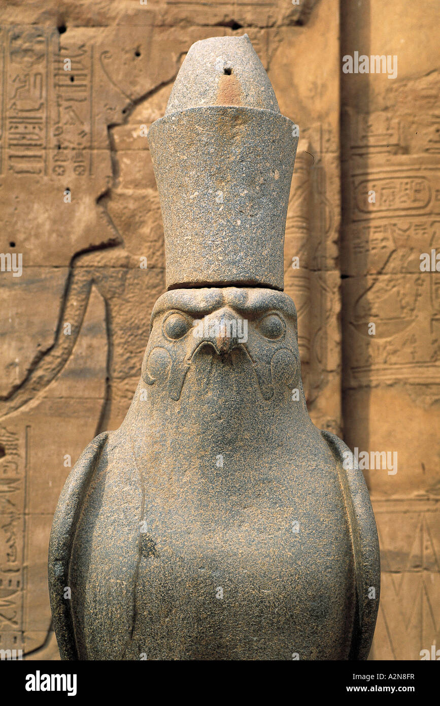Nahaufnahme der Vogel Skulptur, Tempel des Horus, Edfu, Ägypten Stockfoto