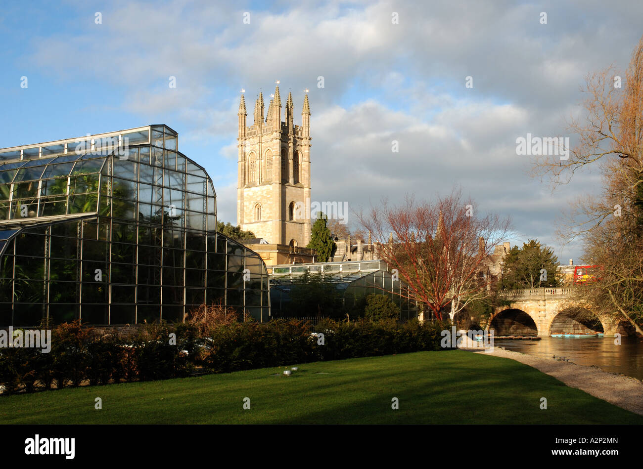 Magdalen College Turm und Brücke von Oxford Botanic Gardens im Winter, Oxfordshire, England, UK Stockfoto