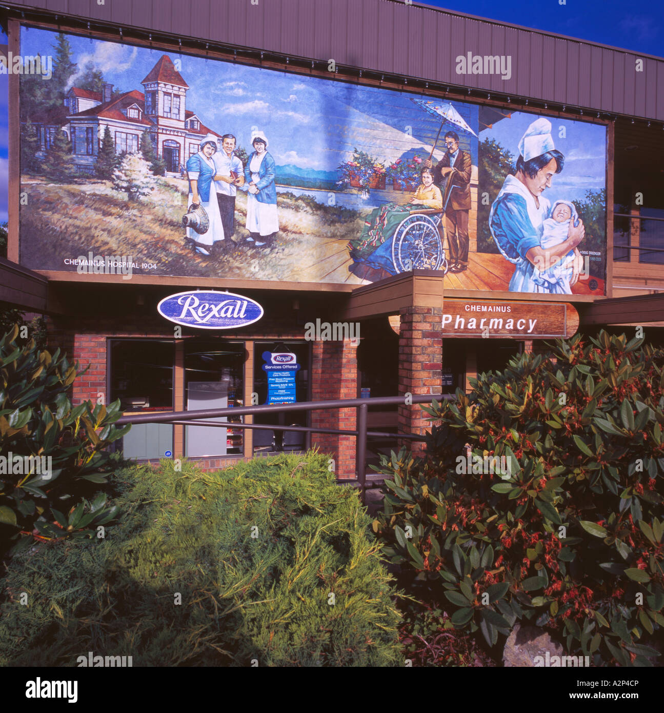 Chemainus, Vancouver Island, BC, Britisch-Kolumbien, Kanada - Wand Wandmalerei, Outdoor-Wandmalereien und Gemälde Stockfoto
