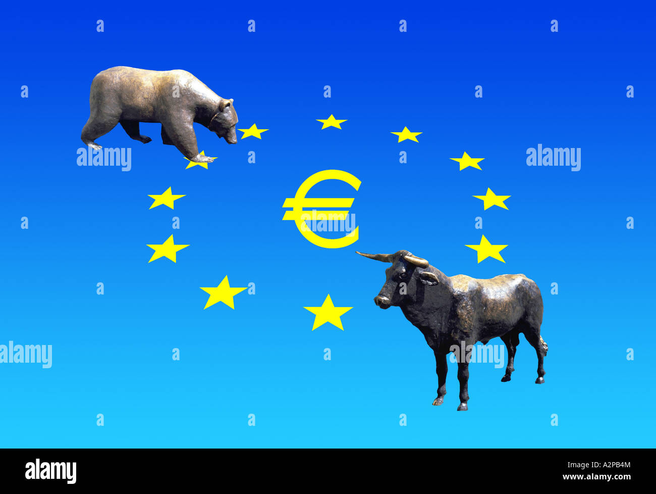 Euro in einem Kreis aus 12 Sternen mit Bulle und Bär als Symbol für die Ezropean Aktien Börsen Stockfoto