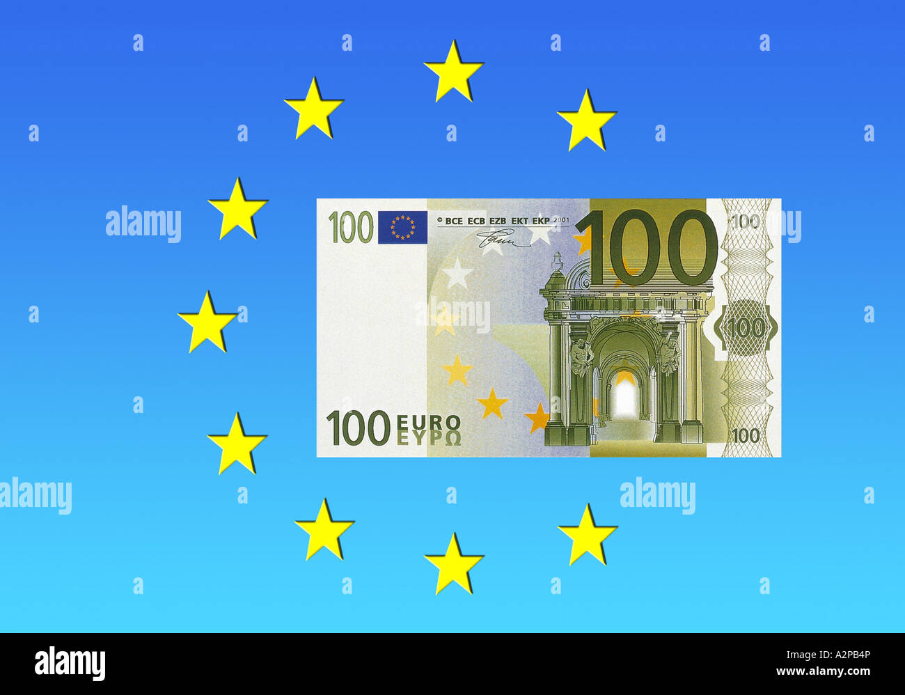 100 Euro-Banknote mit den Stars der Europäischen Union Stockfoto