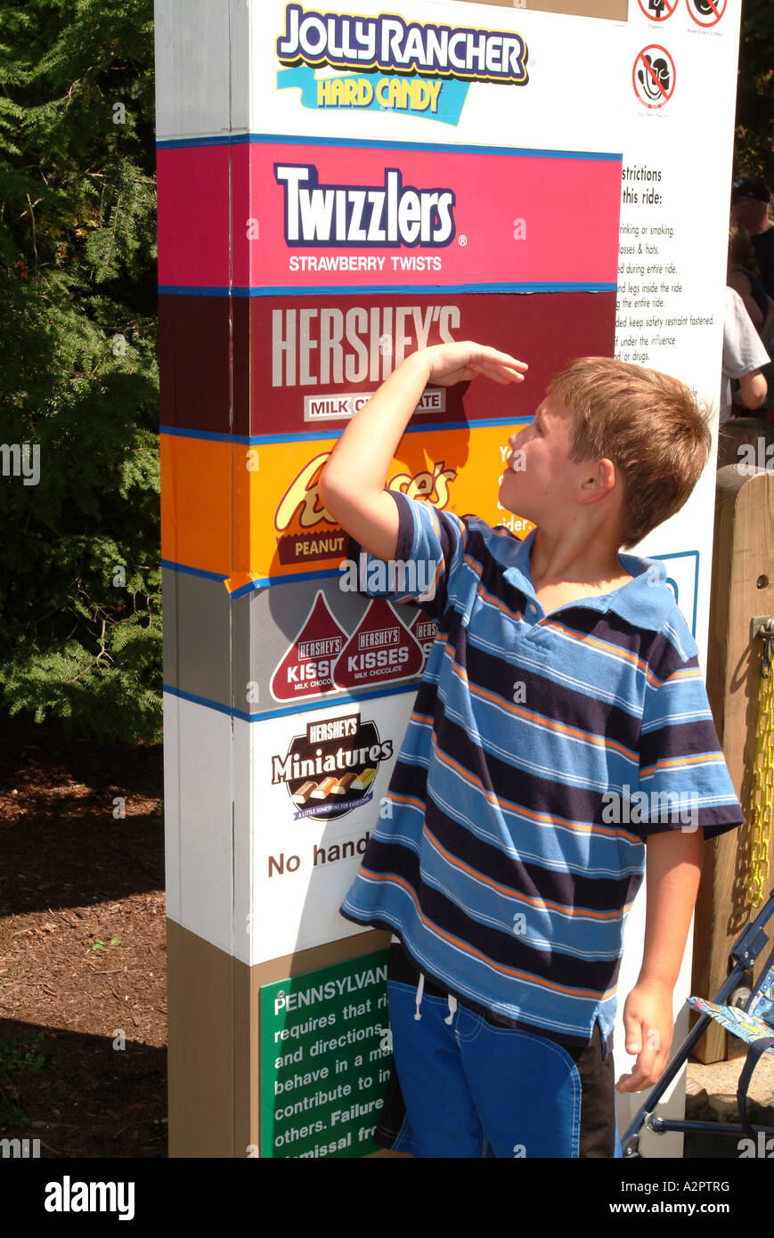 Einem jungen sieben 7 Jahre alten misst sich gegen chart die Höhenanforderungen Hershey Park für die Fahrten Stockfoto