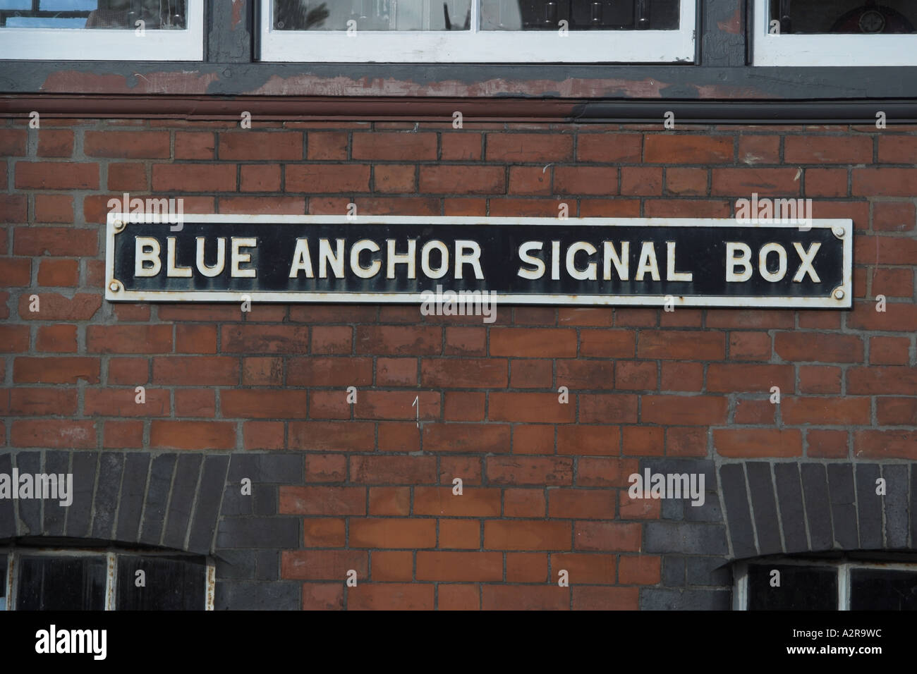 Stellwerk am blauen Anker Station anmelden. Somerset Steam Railway England Stockfoto