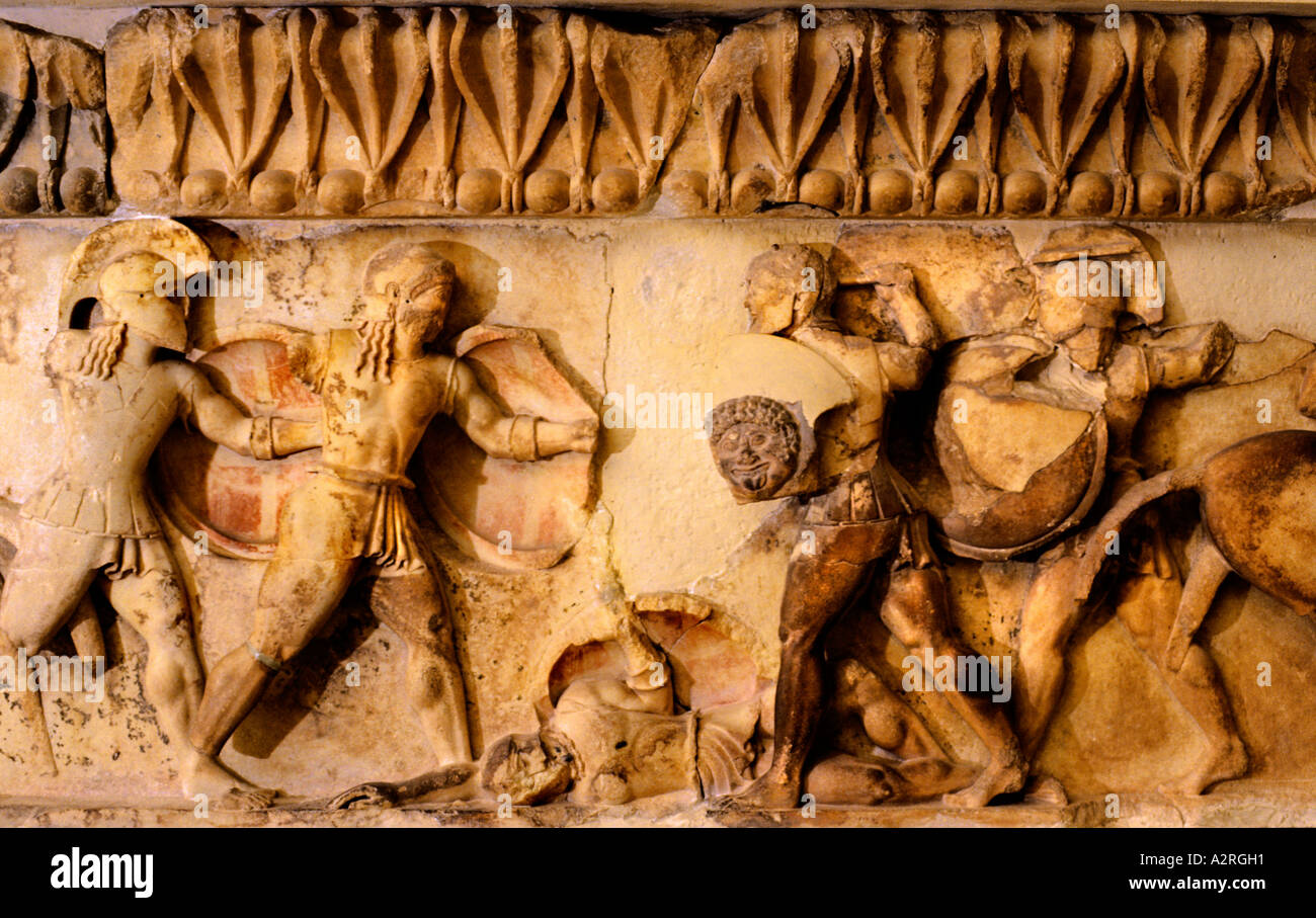 Sifnos Siphnos Fries Troy Trojanischen Krieg Soldaten Soldat im Kampf Kampf zwischen Göttern und Riesen 525 v. Chr. archaischen griechischen Griechenland Stockfoto