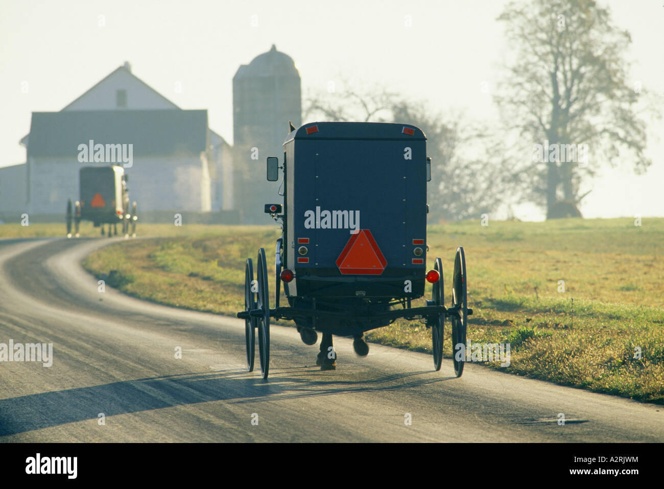 AMISH BUGGIES REISEN ENTLANG LANCASTER COUNTY ROAD / PENNSYLVANIA Stockfoto