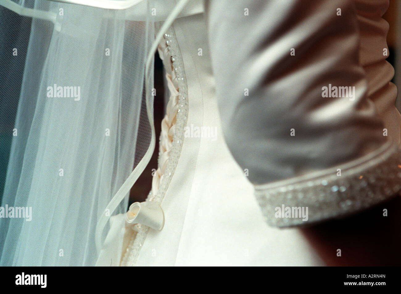 Detail der Braut Hochzeitskleid und Schleier zurück Stockfoto