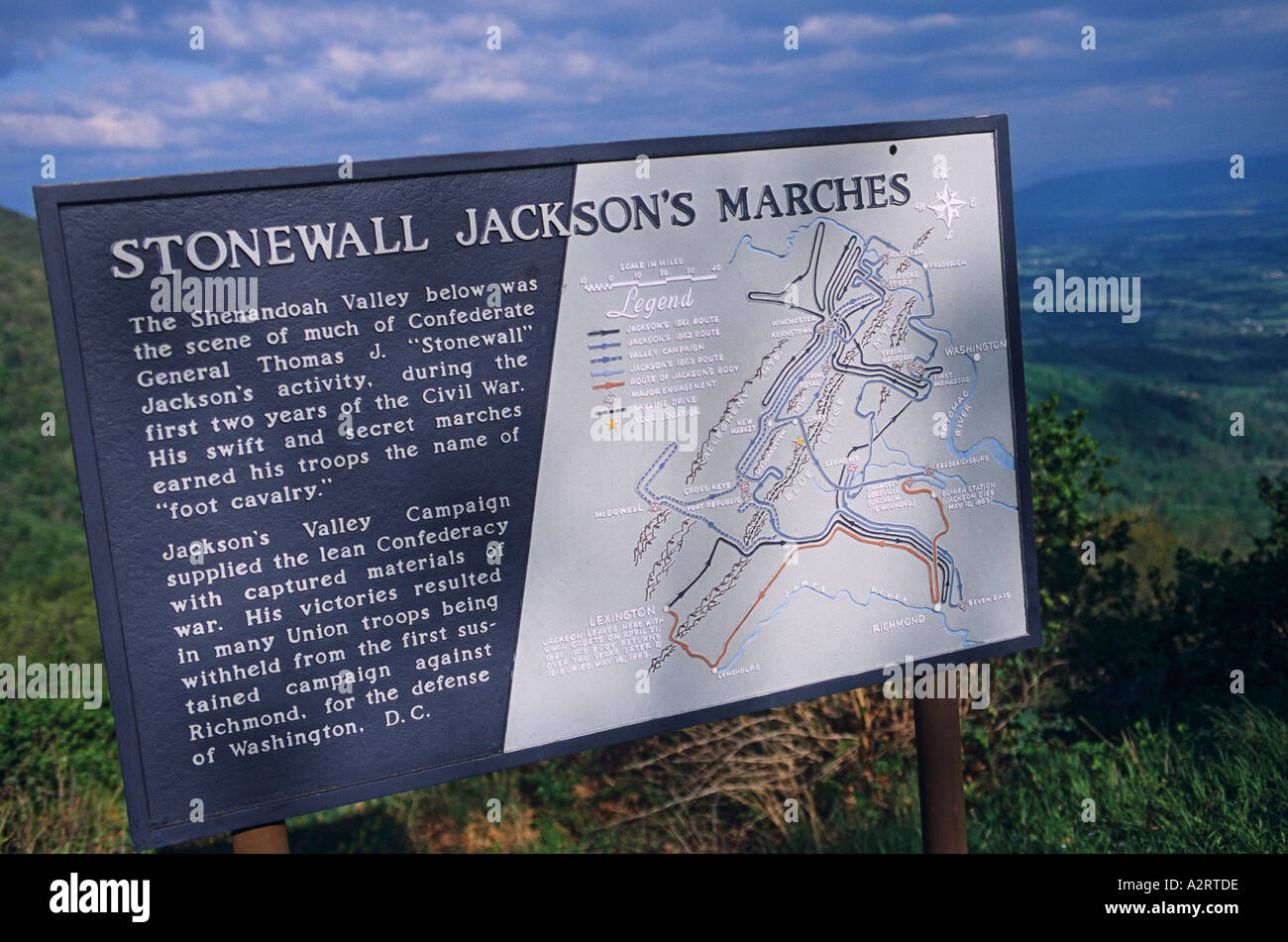 Virginia Shenandoah National Park Skyline Drive Stonewall Jackson s Märsche interpretierende Zeichen und Karte Stockfoto