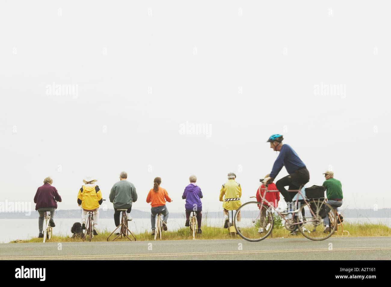 Neun Personen auf Exercycles und auf dem Fahrrad Stockfoto