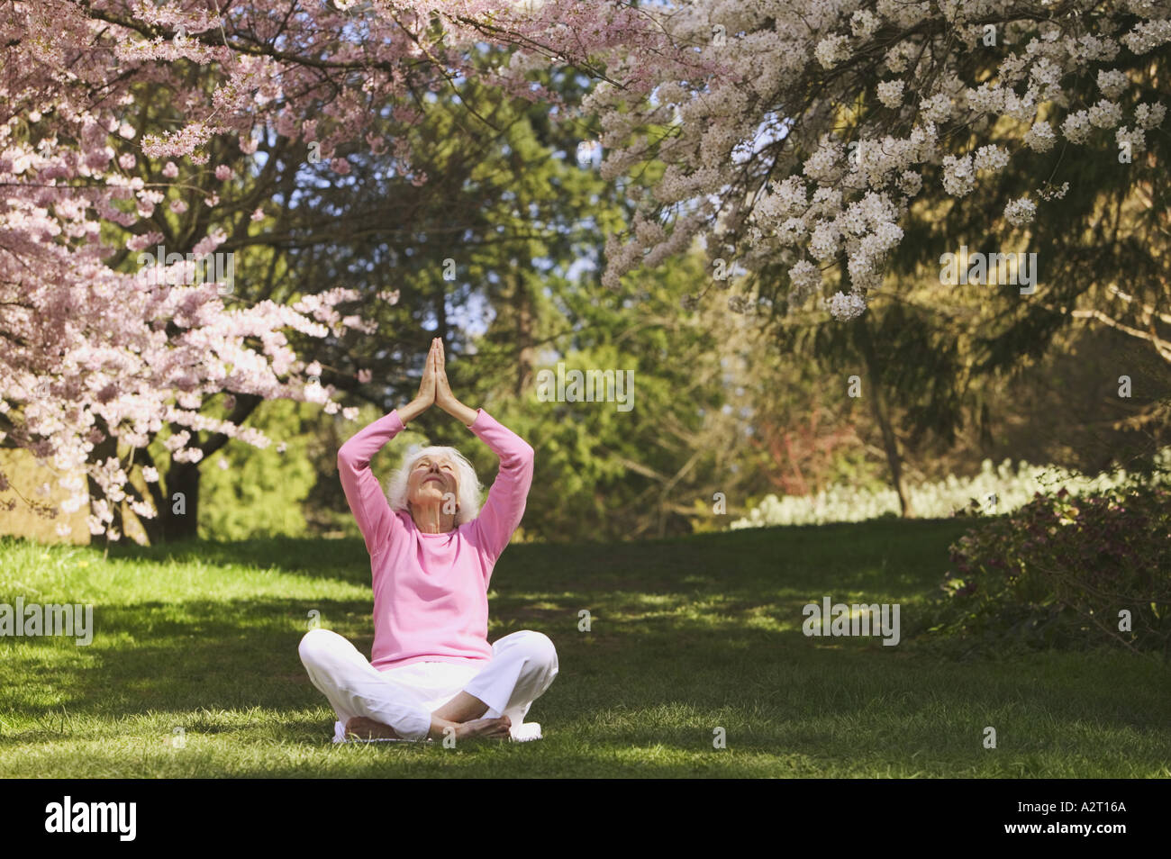 Eine ältere Frau in einer Yogaposition Stockfoto
