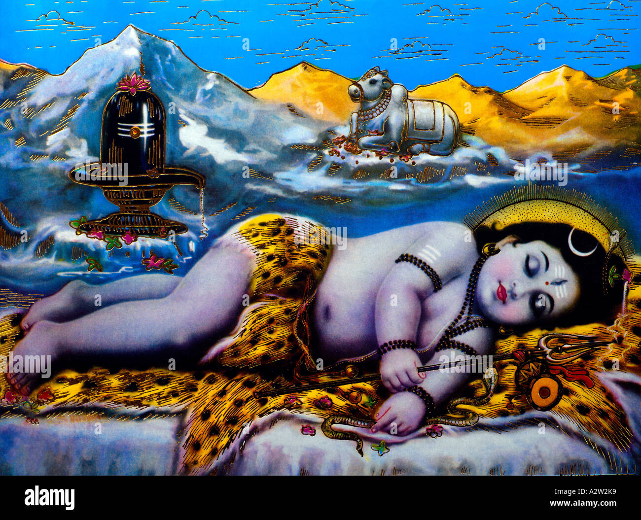 Baby Krishna schlafen Nandi und Shiva Lingum Stockfoto Baby Krishna schlafen Nandi und Shiva Lingum Stockfoto
