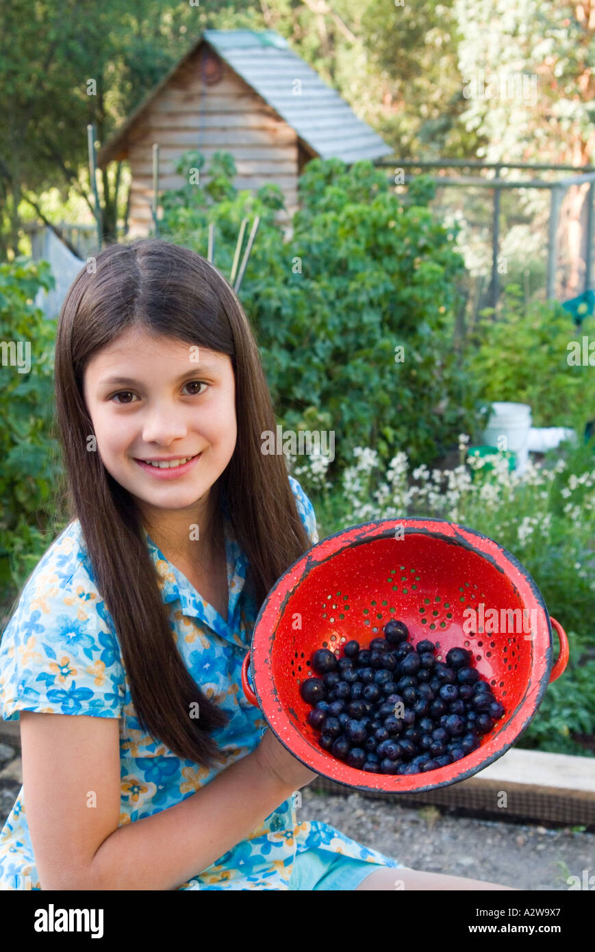 Junges Mädchen mit roten Emaille Sieb der biologisch angebaute Blaubeeren Stockfoto