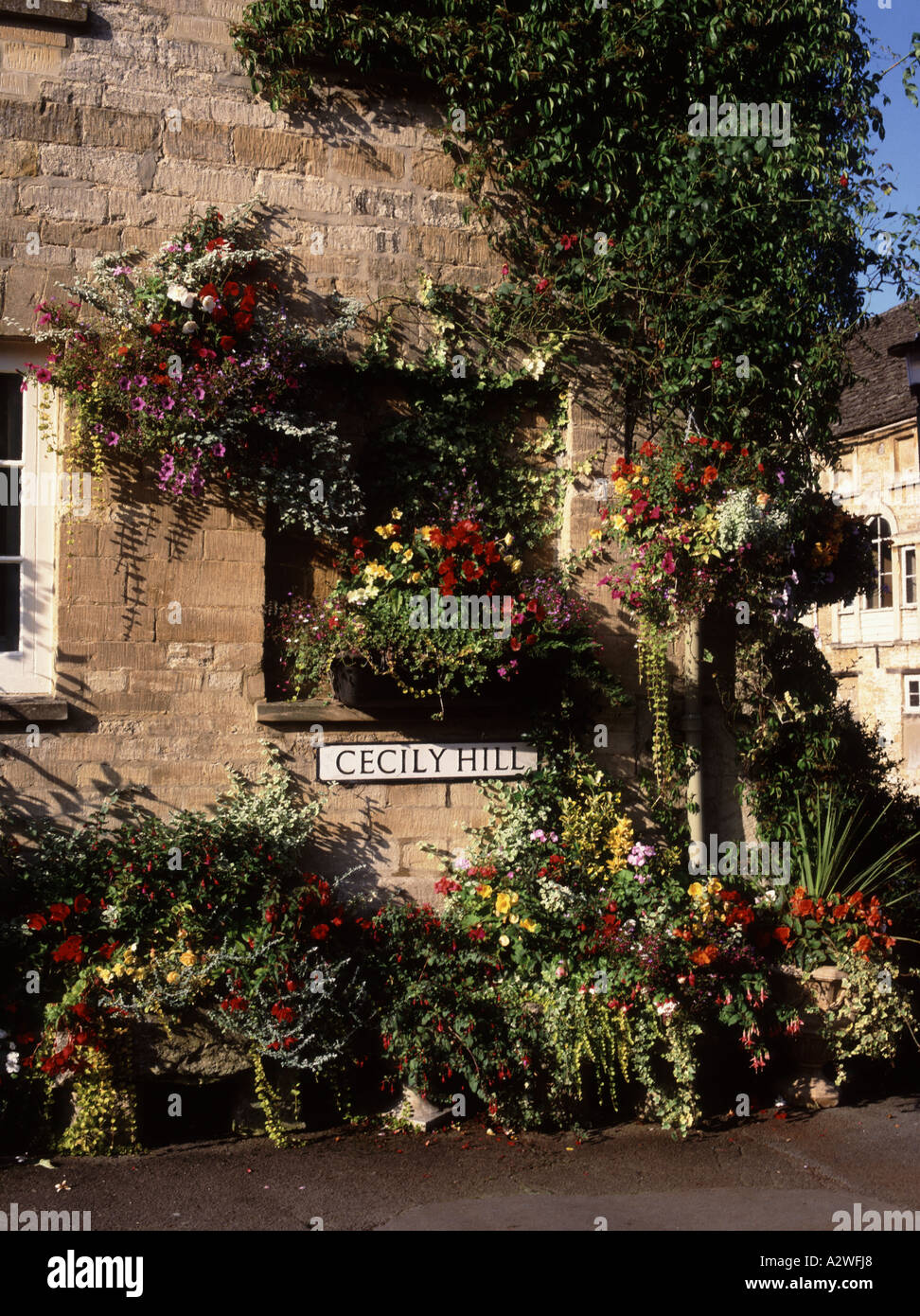 Cecily Hill in Cirencester mit seinem Garten außen auf dem Weg neben der Straße im Sommer Stockfoto