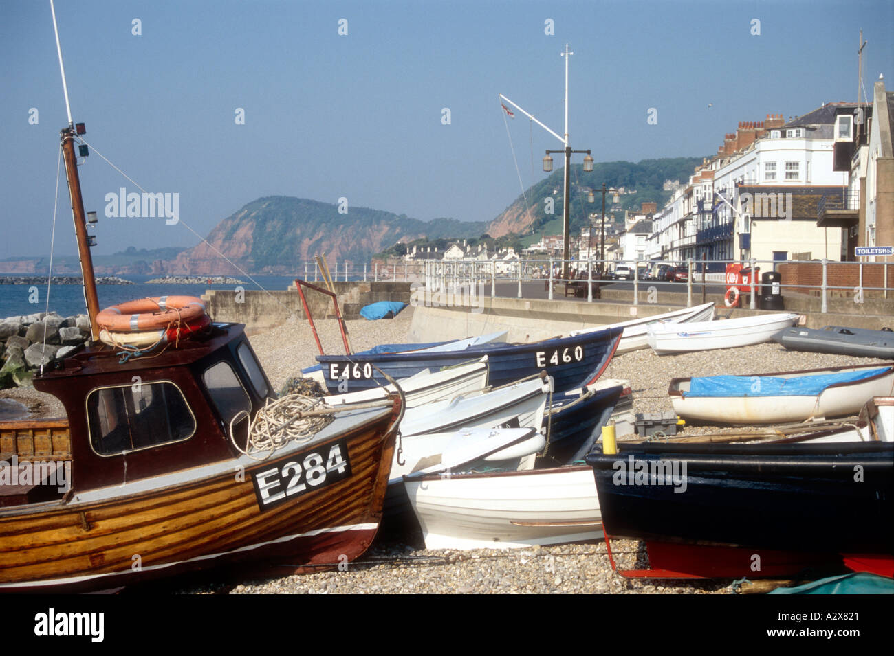 Kleinen motor Angelboote/Fischerboote am Strand von Sidmouth in Devon England UK Stockfoto