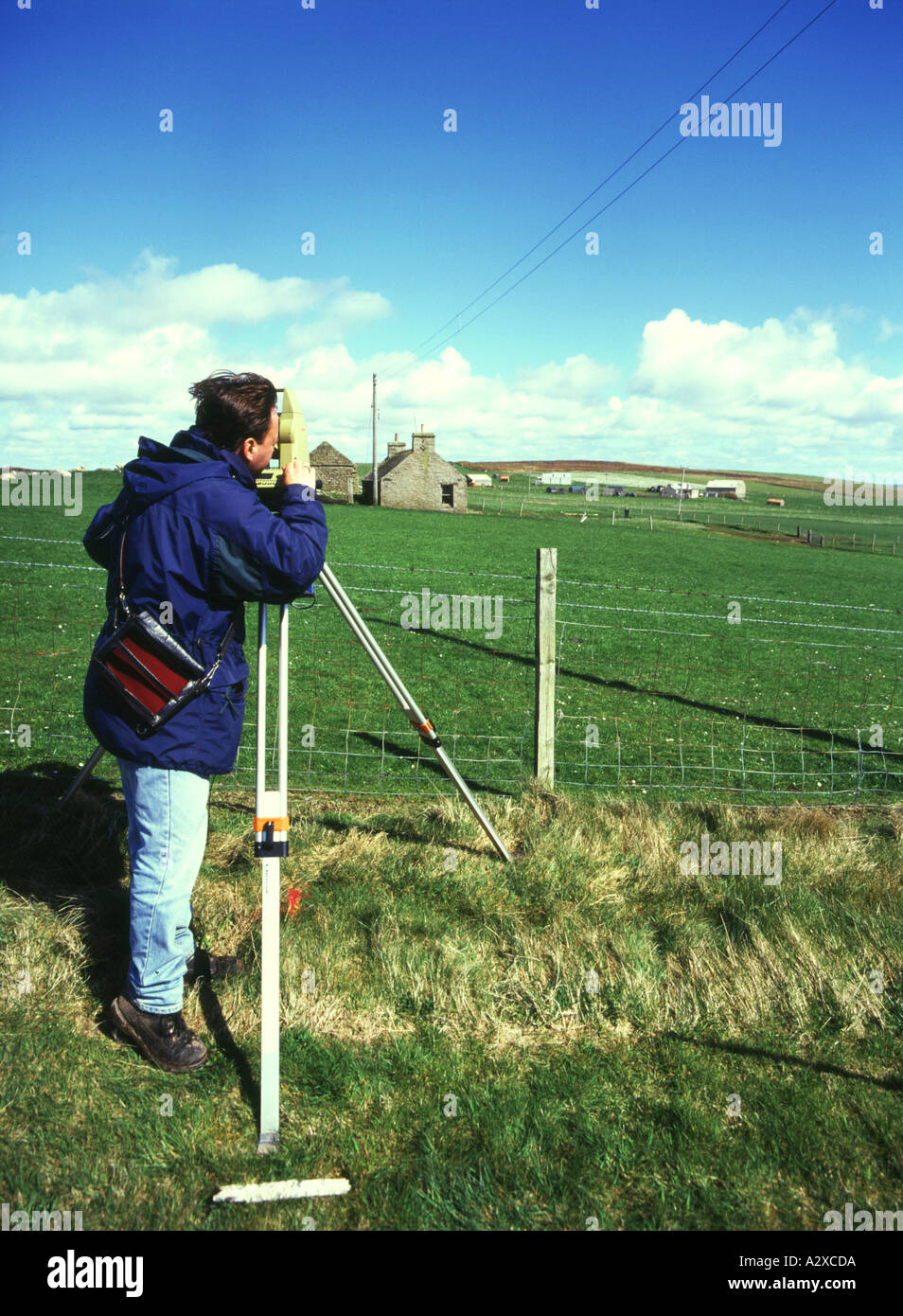 dh ELECTRICITY UK Hydro Electric Surveyor plant die Sichtung von Elektropolen Orkney Workman Land Vermessung Energie Stockfoto
