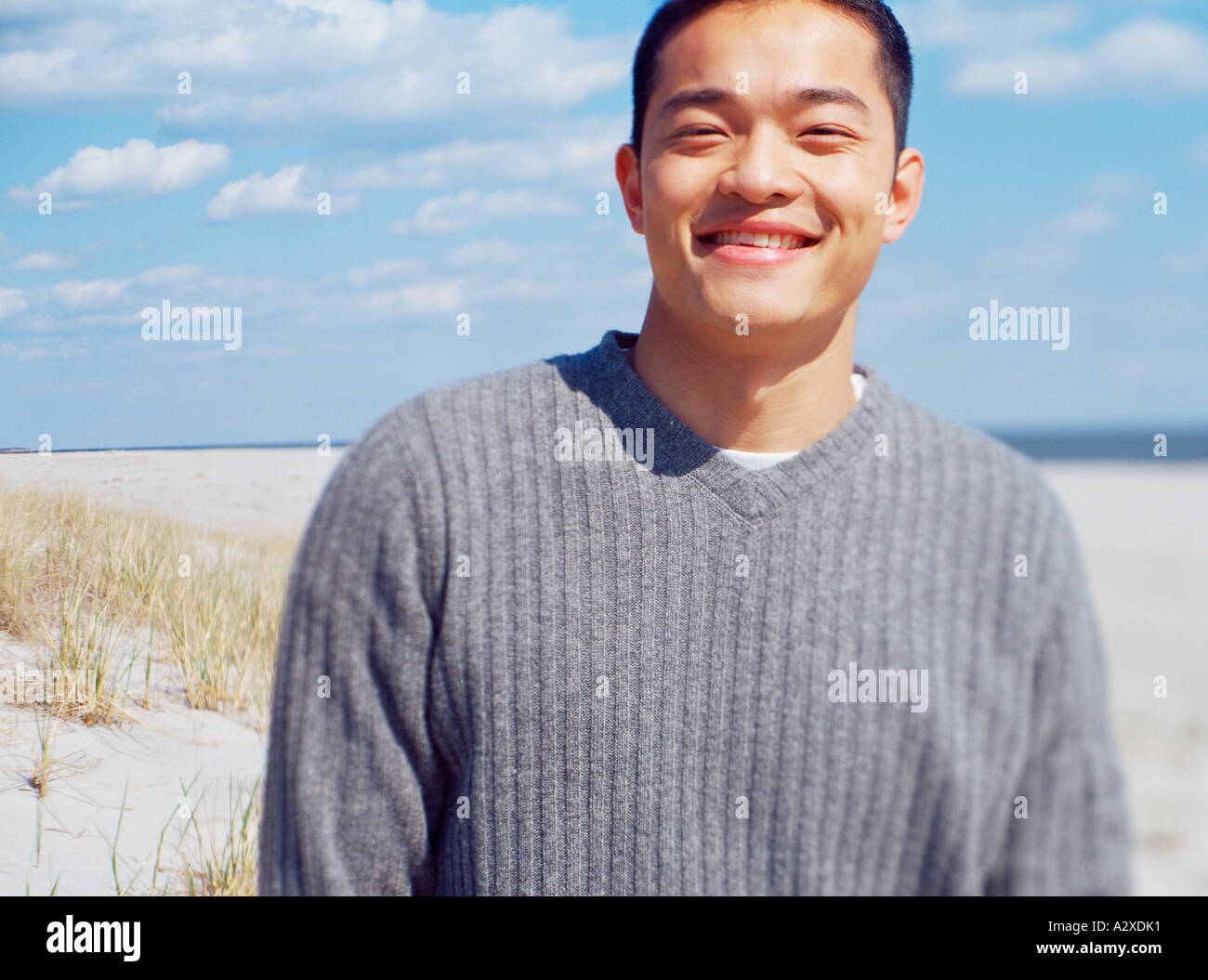 Im freien Strand Porträt junger Mann mit einem grauen Pullover. Stockfoto