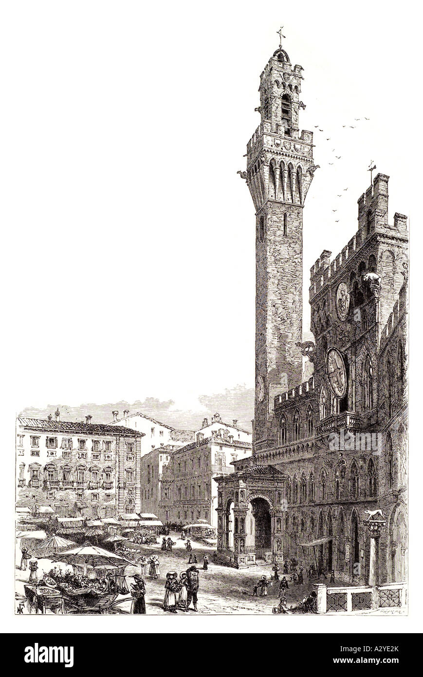 Palazzo Pubblico Campo Hauptplatz Siena Siena Toskana Italien Uhrturm Torre del Mangia Quadrat öffentlichen bürgerlichen Mittelaltermarkt Stockfoto