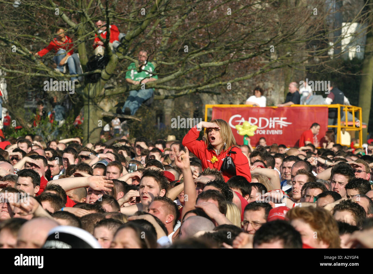 Fans beobachten Wales gewinnen Slam die Rugby-Grand 2005 Rathaus Cardiff Civic Centre South Wales Stockfoto
