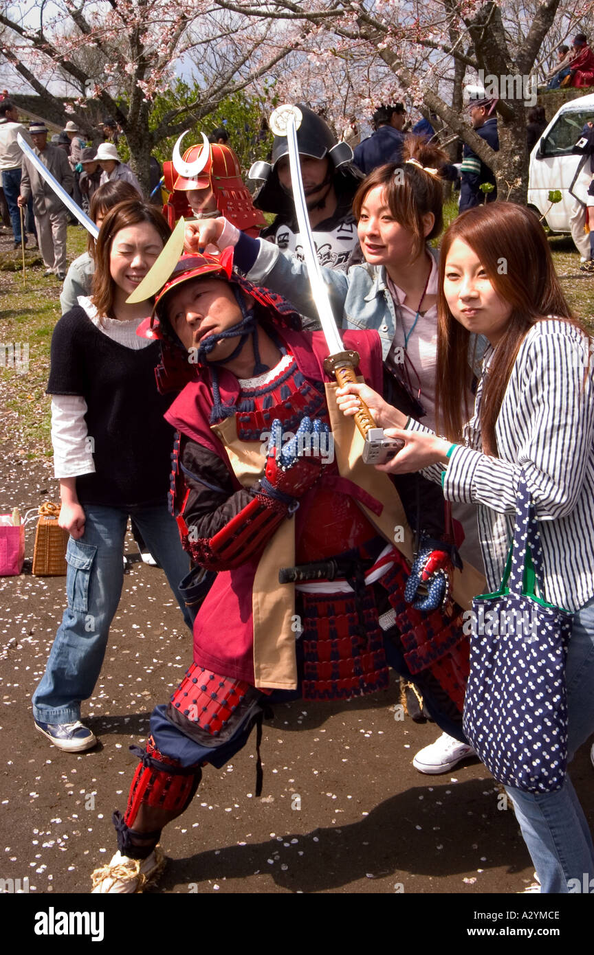 Samurai und Mädchen Daimyo feudalen Prozession Oka Jo Burg Taketa Stadt Oita Präfektur Kyushu Japan Stockfoto