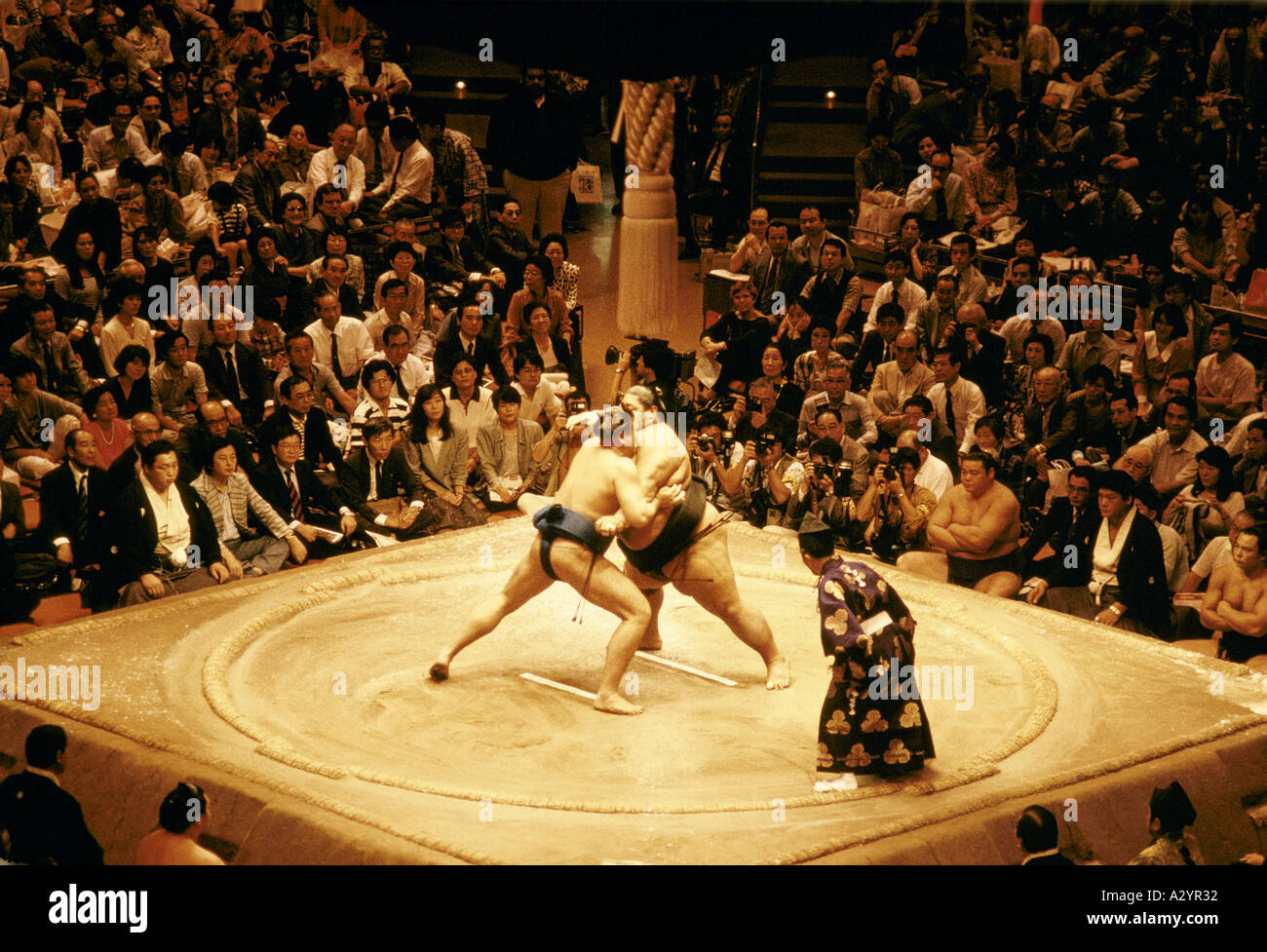 Sitzendem Publikum beobachten Sumo-Wrestling-Match, Japan Stockfoto